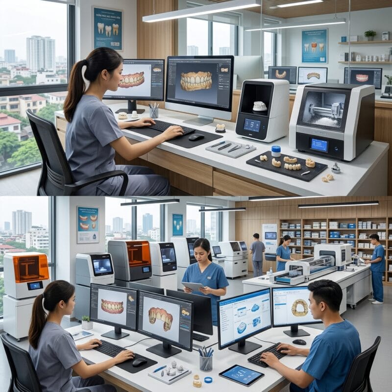 solo dental lab vs multi location lab operations in 2026 - Dental lab technician working on CAD CAM software