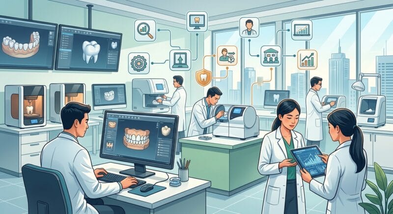cost to open a dental laboratory in 2026 - Team collaborating on digital dental design