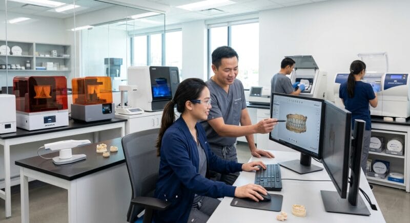 how to start a dental lab in the USA in 2026 - Dental CAD designer working on digital 3D crown and bridge models on dual monitors.