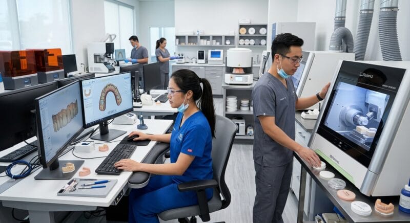 how much does it cost to open a dental clinic in the USA in 2026 - Digital dental CAD CAM design technician modeling a full-arch restoration on screen