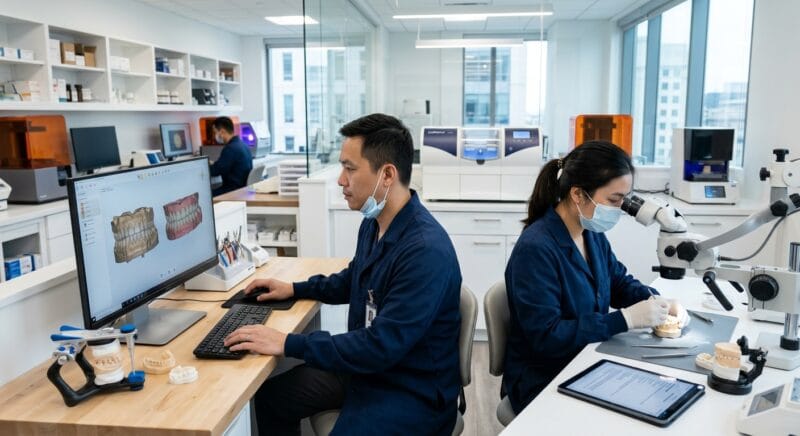 dental lab licensing requirements in the USA 2026 - Digital dental software interface displaying crown and bridge CAD designs for compliance audit