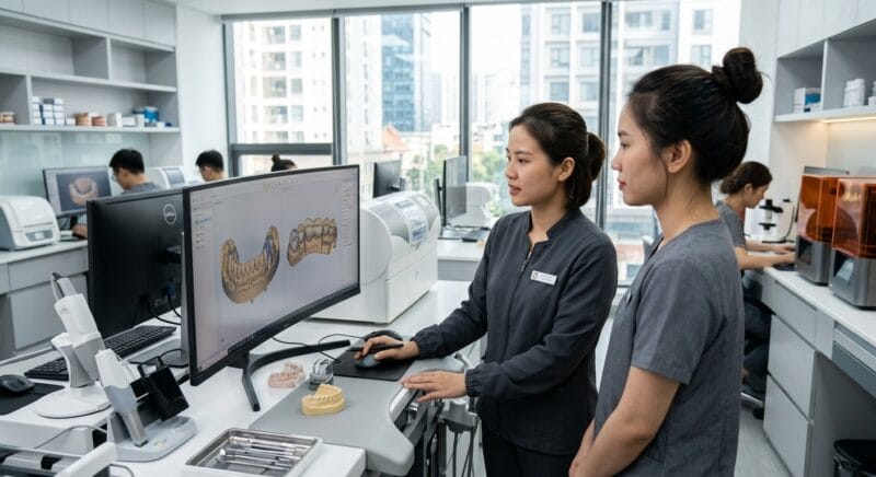 how US DSOs choose outsourced dental lab partners in 2026 - A digital dental laboratory technician analyzing complex implant bridge designs on dual monitors.