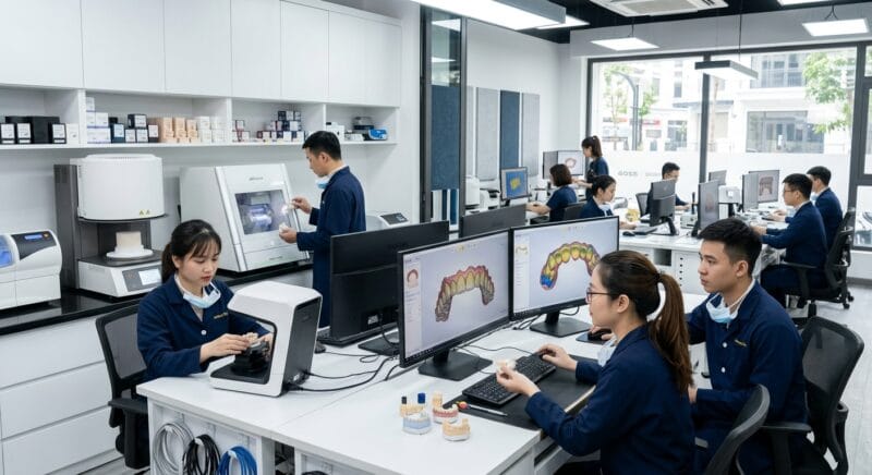 red flags when choosing an outsourced dental lab in the USA 2026 - Digital 3D dental arch design with highlighted margin lines and contact points