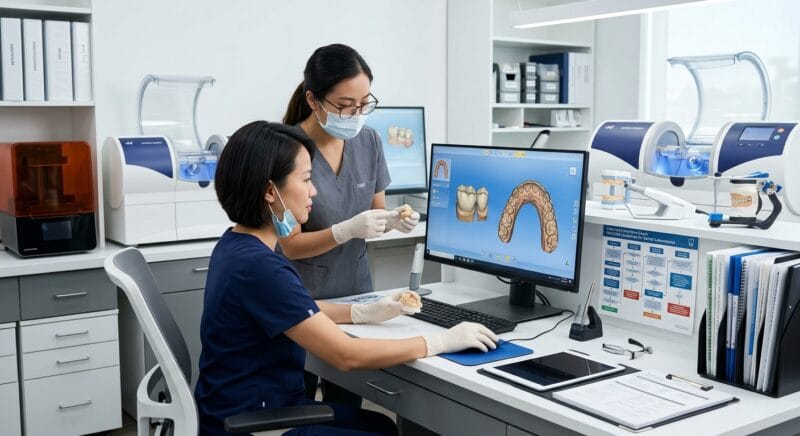 dental lab compliance regulations in the USA 2026 - Workflow flowchart depicting FDA compliant digital dental CAD CAM design and quality assurance procedures.