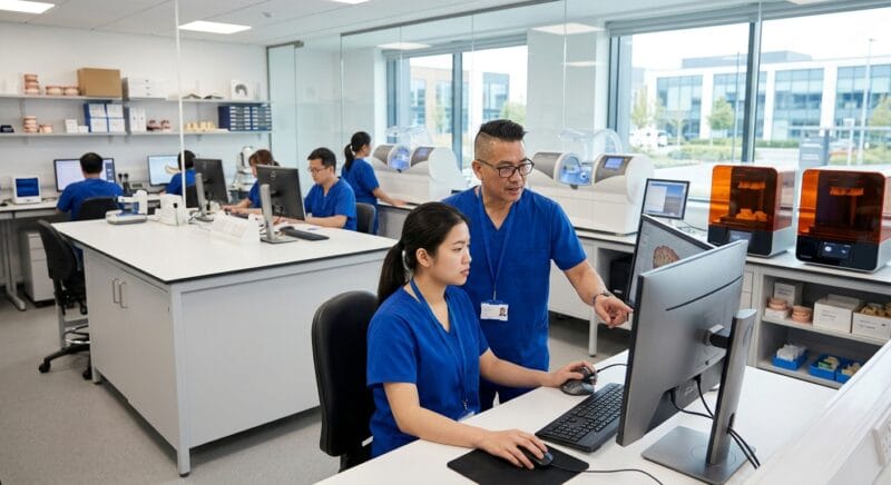 how to start a dental lab in the UK in 2026 - Digital dental laboratory setup showing 3D printing equipment and computer design stations