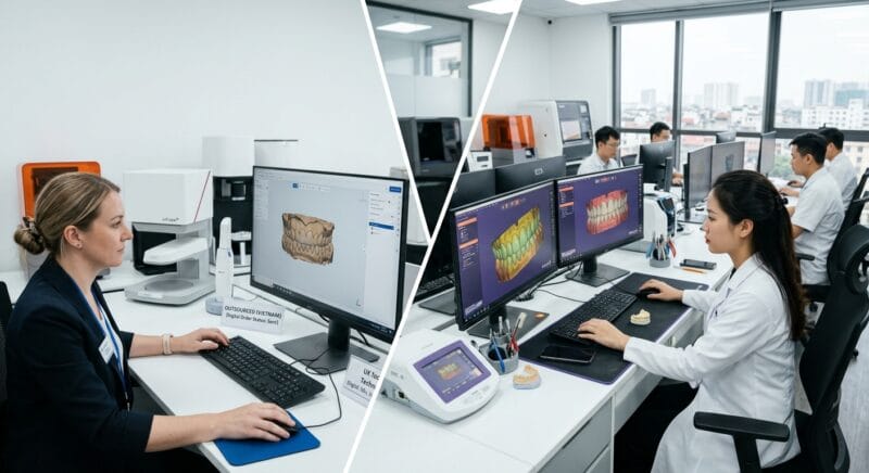 how UK dental labs use outsourcing to cut costs in 2026 - Digital dental workflow illustration showing intraoral scan conversion to 3D CAD model for implant abutment