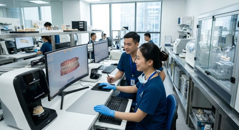 dental lab registration requirements in the UK 2026 - Diagram illustrating MHRA compliance steps and digital CAD design outsourcing workflows for UK dental labs