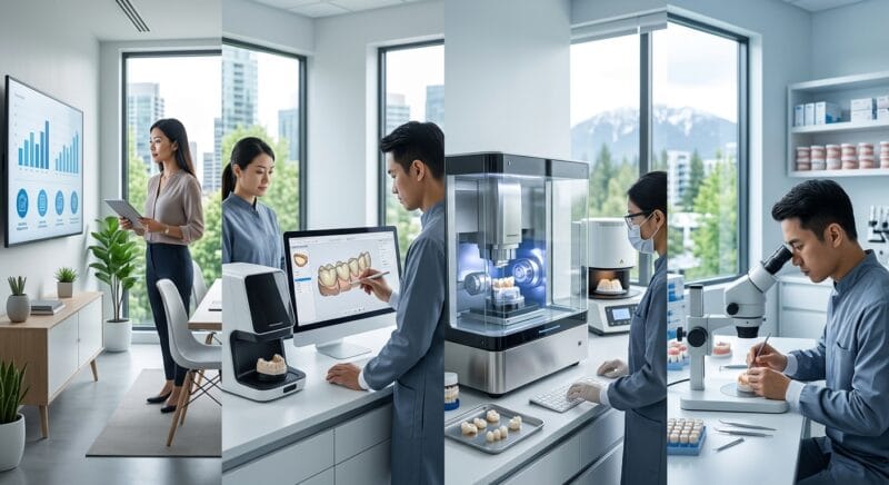 how to start a dental lab in Canada in 2026 - High precision dental milling machine producing zirconia crowns and 3D printed models in a digital lab.