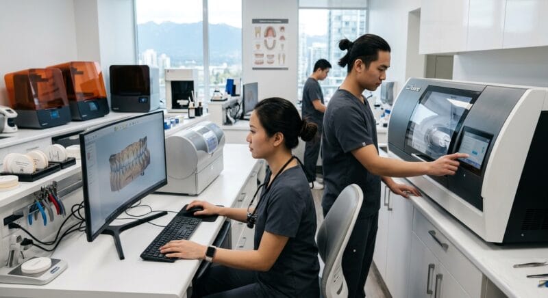 dental lab startup costs in Canada 2026 - Dental technician reviewing 3D digital CAD designs for crown and bridge restorations on dual monitors
