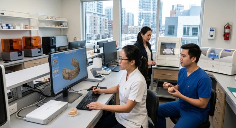 dental lab licensing requirements in Canada 2026 - Digital dental workflow diagram illustrating CAD CAM design transfer between clinic and lab