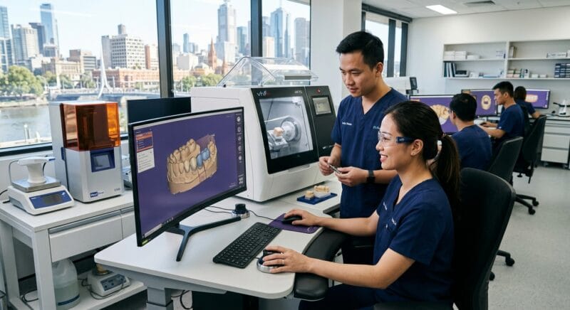 how to start a dental lab in Australia in 2026 - 3D printed dental models and milled zirconia crowns on a digital dental laboratory workbench in Australia