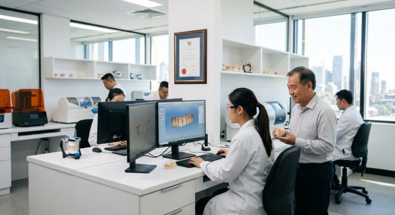 dental lab registration requirements in Australia 2026 - Detailed digital 3D model of a custom dental implant bridge and surgical guide inside CAD design software