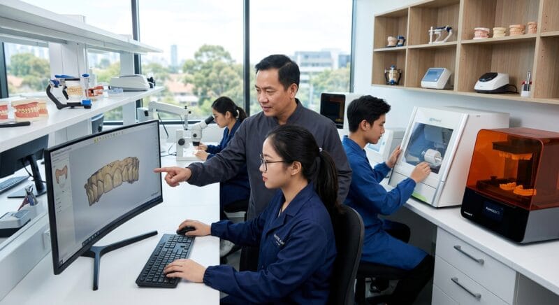 dental technician shortage in Australia 2026 - 3D digital dental crown design interface on dual monitors in a high-tech lab