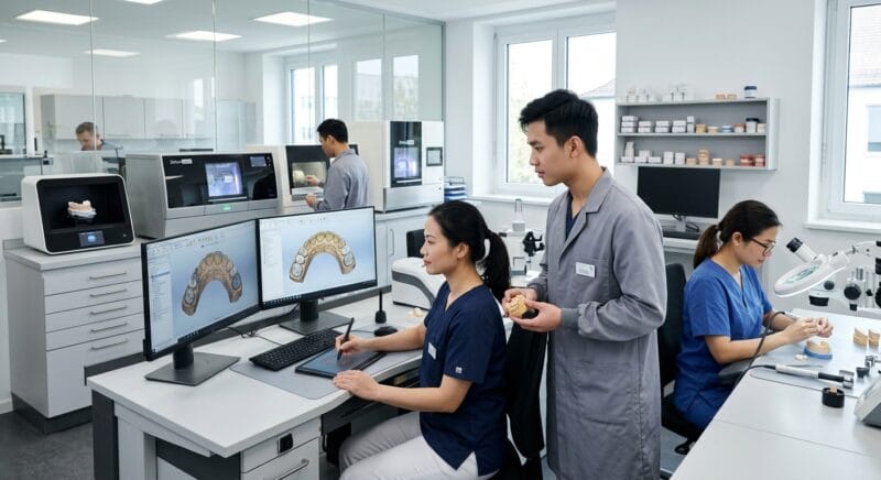 how to start a dental lab in Germany in 2026 - Dental CAD designer reviewing 3D digital intraoral scan data for crown and bridge production.