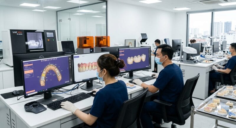 how German dental labs use CAD CAM outsourcing in 2026 - Digital dental crown and bridge CAD design interface showing occlusal contact points