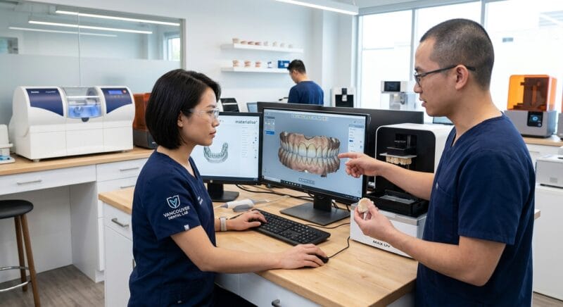 how Canadian dental clinics reduce high remake rates in 2026 - Dental CAD technician refining occlusion and proximal contact parameters for a complex multi-unit bridge restoration
