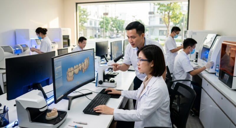 how UK dental clinics solve staffing shortages through outsourcing in 2026 - 3D digital crown and implant bridge design rendered in dental CAD software interface