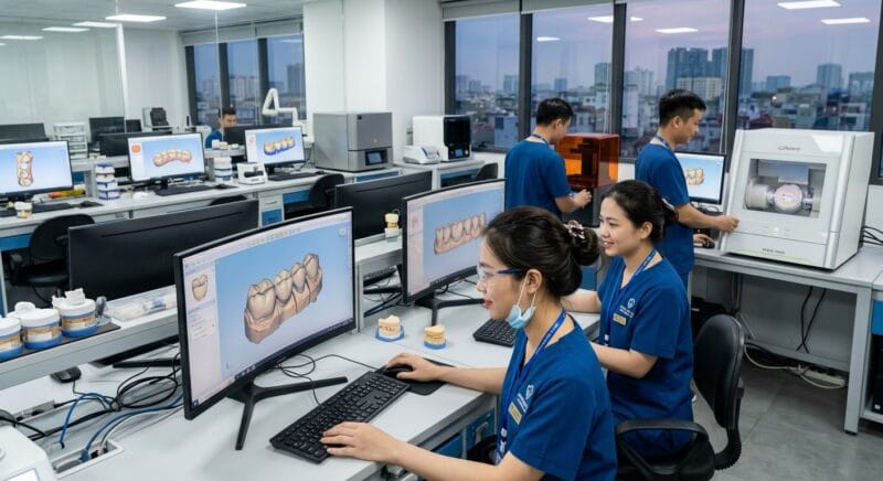 how US dental clinics solve staffing shortages through outsourcing in 2026 - 3D digital impression scan being converted into a CAD crown design file on a computer screen