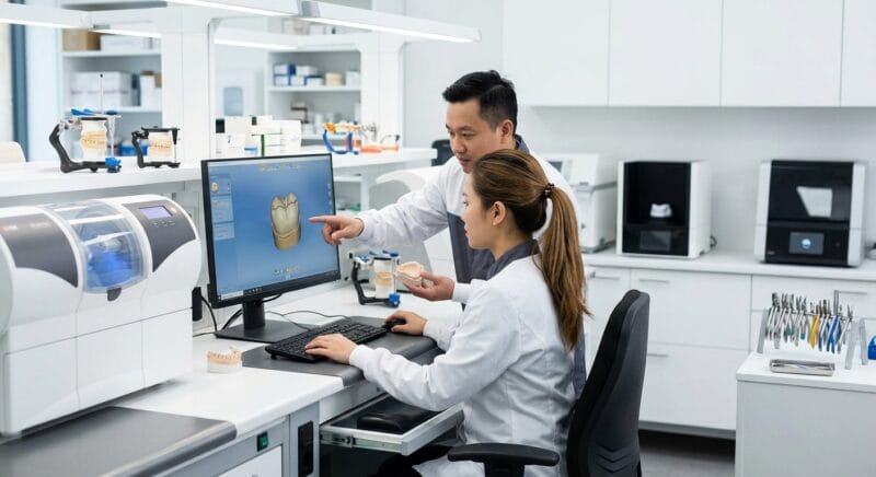 dental lab startup costs in Ireland 2026 - Financial analysis spreadsheet and modern 3D dental scanner on workstation desk