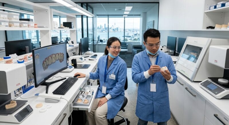 how to start a dental lab in New Zealand in 2026 - High-tech 3D printed dental models and prosthetic designs on a workbench