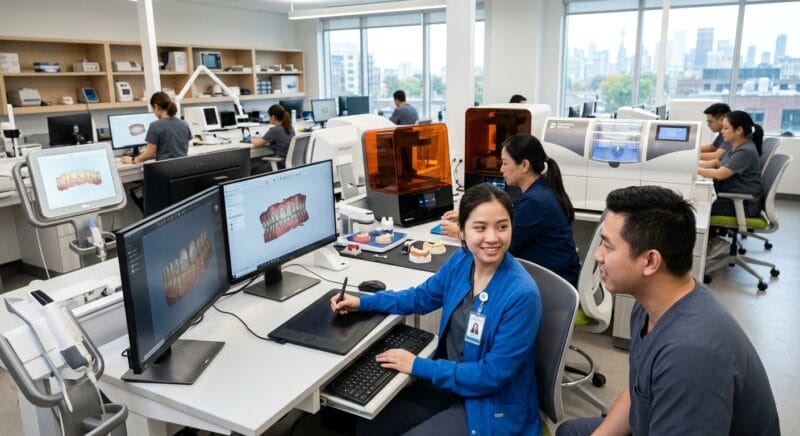 dental lab technician shortage solutions in Canada 2026 - 3D digital dental model with crown and bridge CAD design overlay on screen
