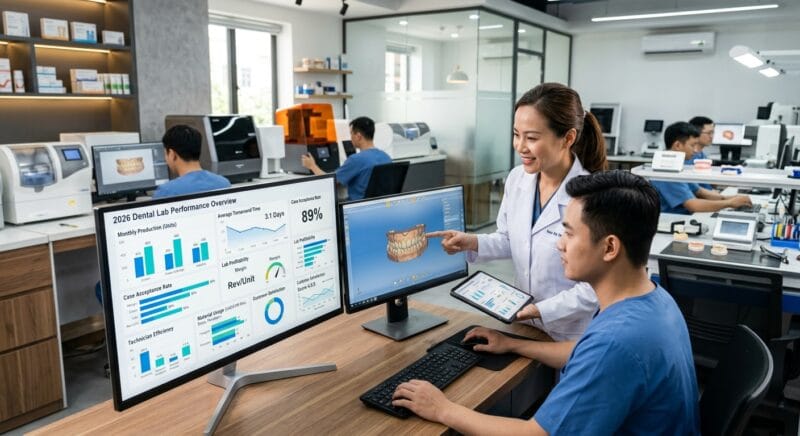 KPI dashboard for dental lab owners 2026 - Illustration of digital workflow integration in dental labs
