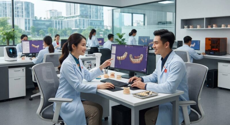 why outsource dental CAD design to Vietnam instead of China in 2026 - Close-up of digital dental crown design on CAD software screen