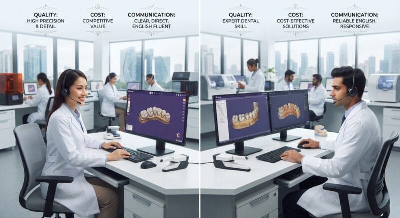 Dental technicians working on digital dental CAD designs in a modern lab - Vietnam vs India for dental CAD design outsourcing in 2026: quality, cost and communication compared