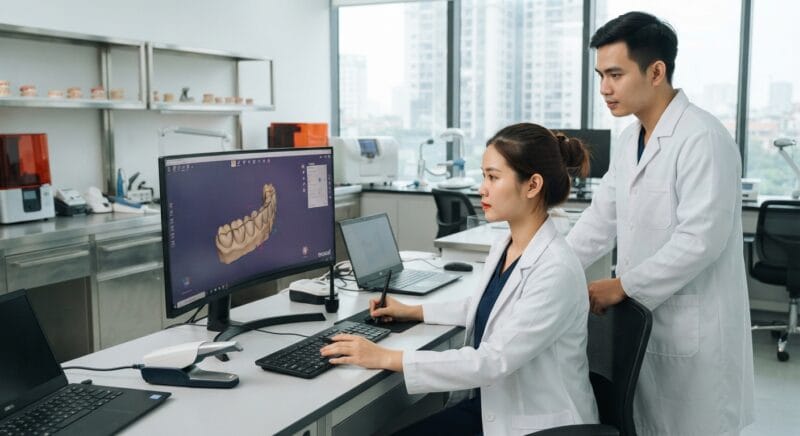 Dental technicians working on digital dental CAD designs in a modern lab - How to Solve the Dental Technician Shortage with CAD Design Outsourcing in 2026