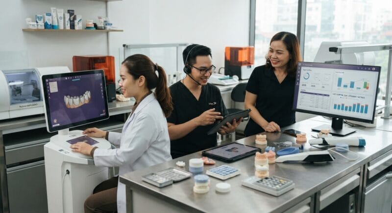 Dental technicians working on digital dental CAD designs in a modern lab - 12 Ways to Control Dental Lab Costs in 2026: Expert Strategies