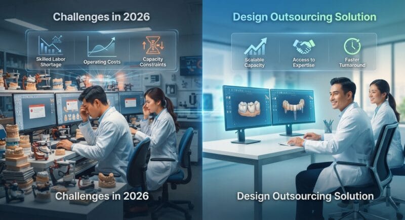 Dental technicians working on digital dental CAD designs in a modern lab - Biggest Challenges Facing Dental Labs in 2026 and How Design Outsourcing Solves Them