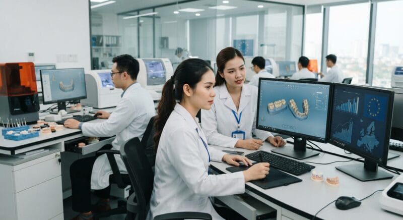 Dental technicians working on digital dental CAD designs in a modern lab - Dental Lab Tax and VAT Rules in the European Union in 2026: What to Know