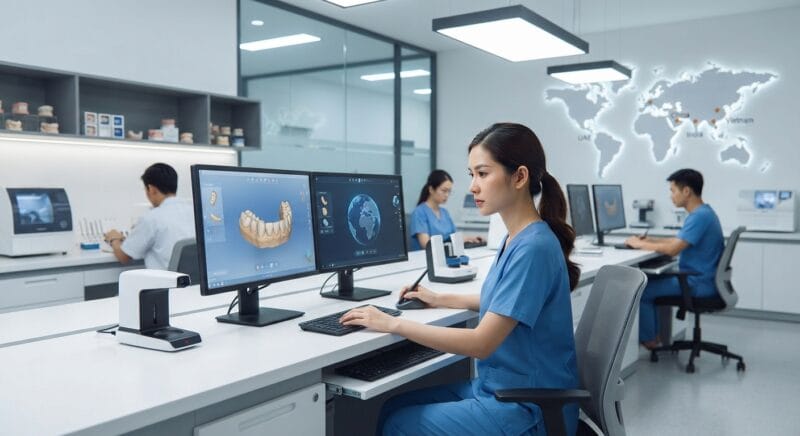Dental technicians working on digital dental CAD designs in a modern lab - Best countries to outsource dental CAD design in 2026: Vietnam, China, India and the Middle East compared