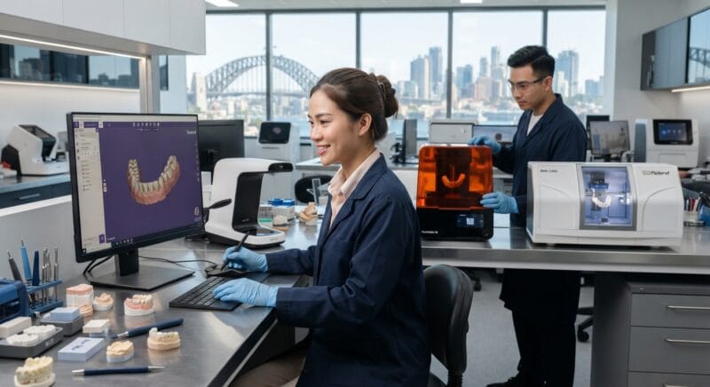 dental lab startup costs in Australia 2026 - High precision dental milling machine and 3D printer in an Australian dental laboratory