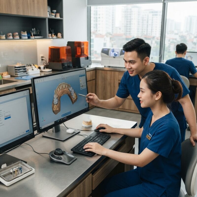 Dental technicians working on digital dental CAD designs in a modern lab - Best 3D dental lab software for CAD CAM outsourcing 2026: Top Solutions Reviewed