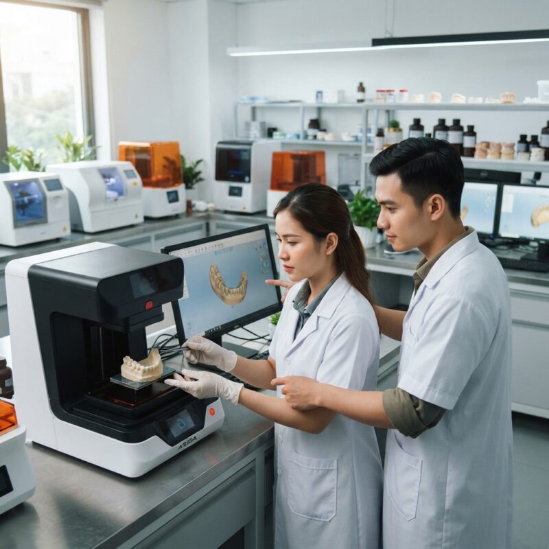 Dental technicians working on digital dental CAD designs in a modern lab - Asiga dental printer cost of ownership for labs 2026: A Complete Guide