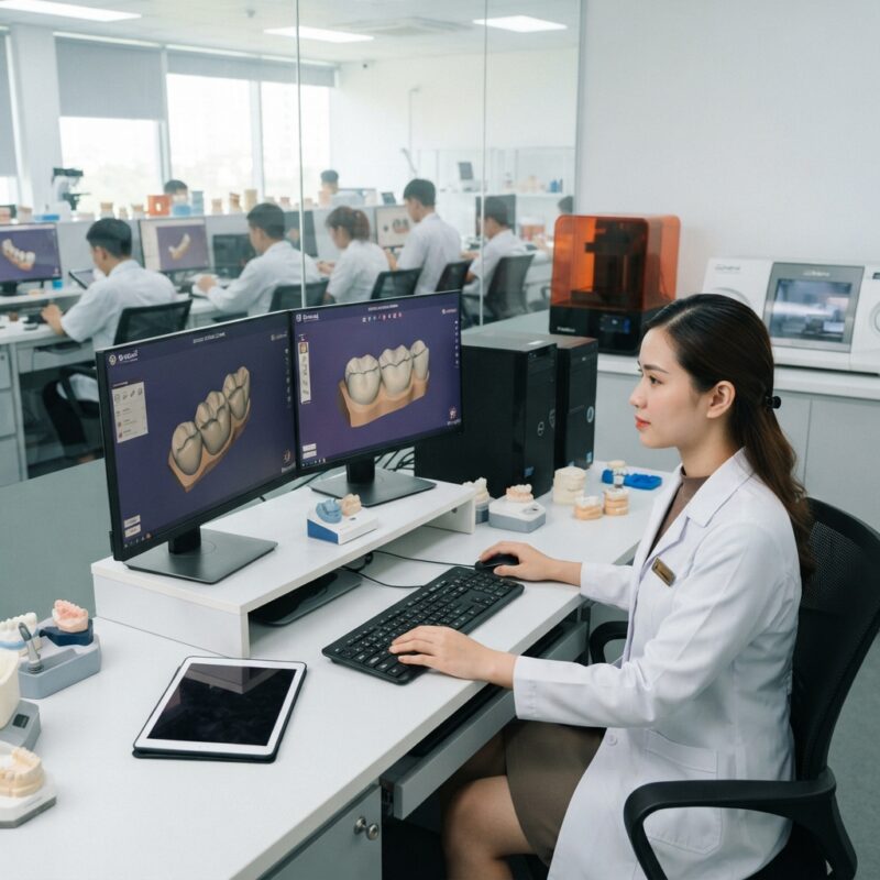 Dental technicians working on digital dental CAD designs in a modern lab - Outsourcing Zirconia Crown Design to Vietnam in 2026: Quality, Cost and Turnaround