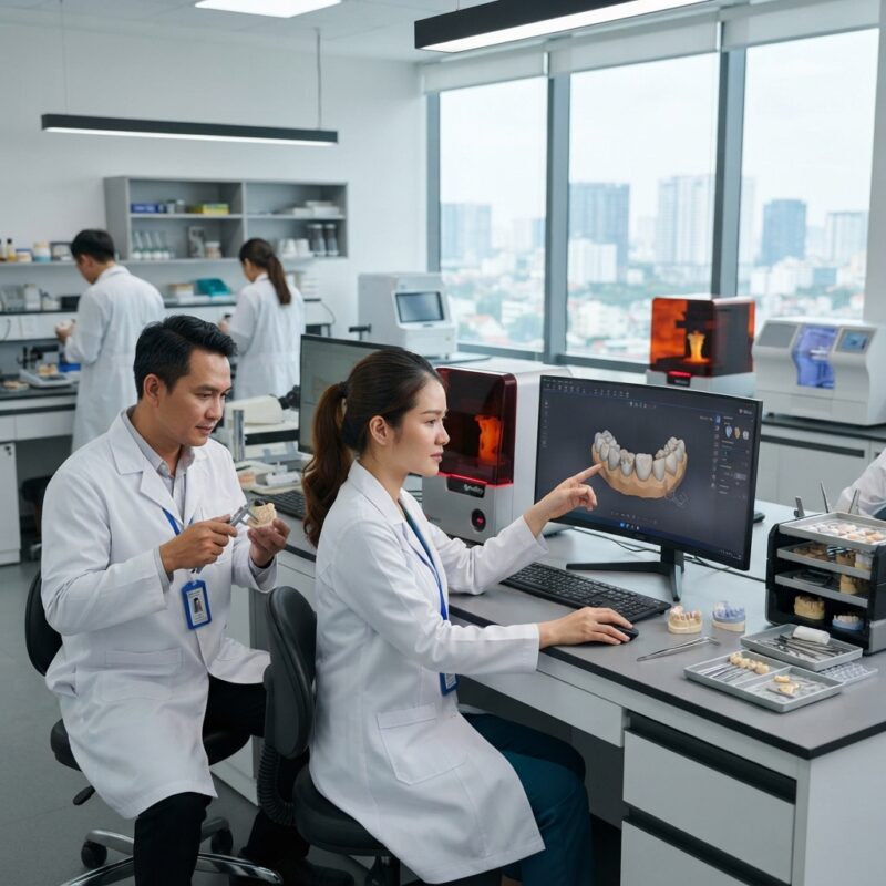 Dental technicians working on digital dental CAD designs in a modern lab - SprintRay Midas pros and cons for dental practices 2026