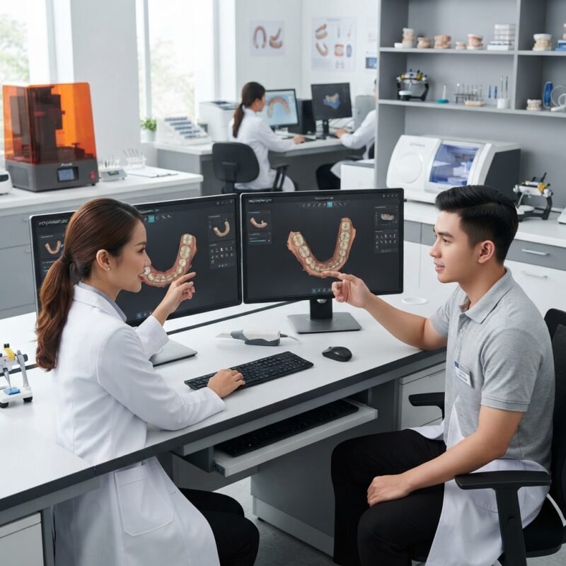 Dental technicians working on digital dental CAD designs in a modern lab - iTero vs TRIOS: Which Scanner Has the Better Workflow for Labs 2026?