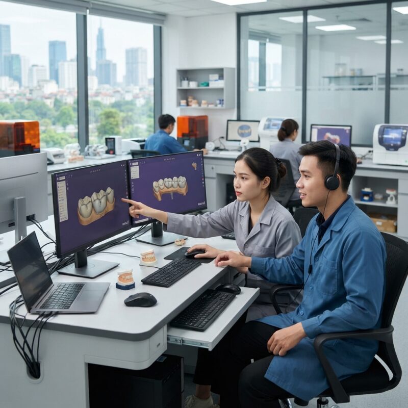 Dental technicians working on digital dental CAD designs in a modern lab - Why Dental Labs in the USA Are Outsourcing CAD Design to Vietnam in 2026