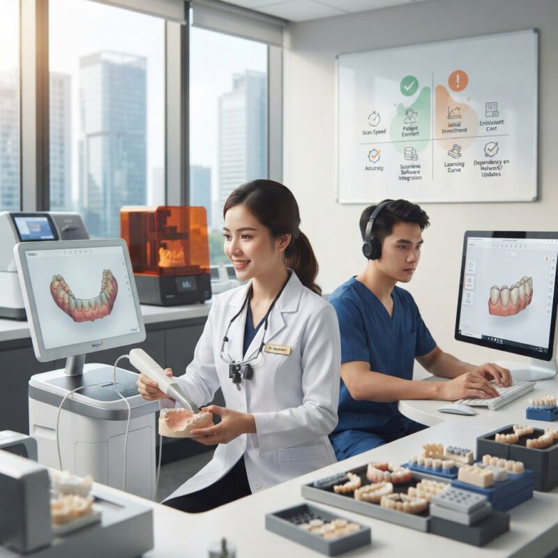 Dental technicians working on digital dental CAD designs in a modern lab - 3Shape TRIOS 5 pros and cons for dental practices 2026