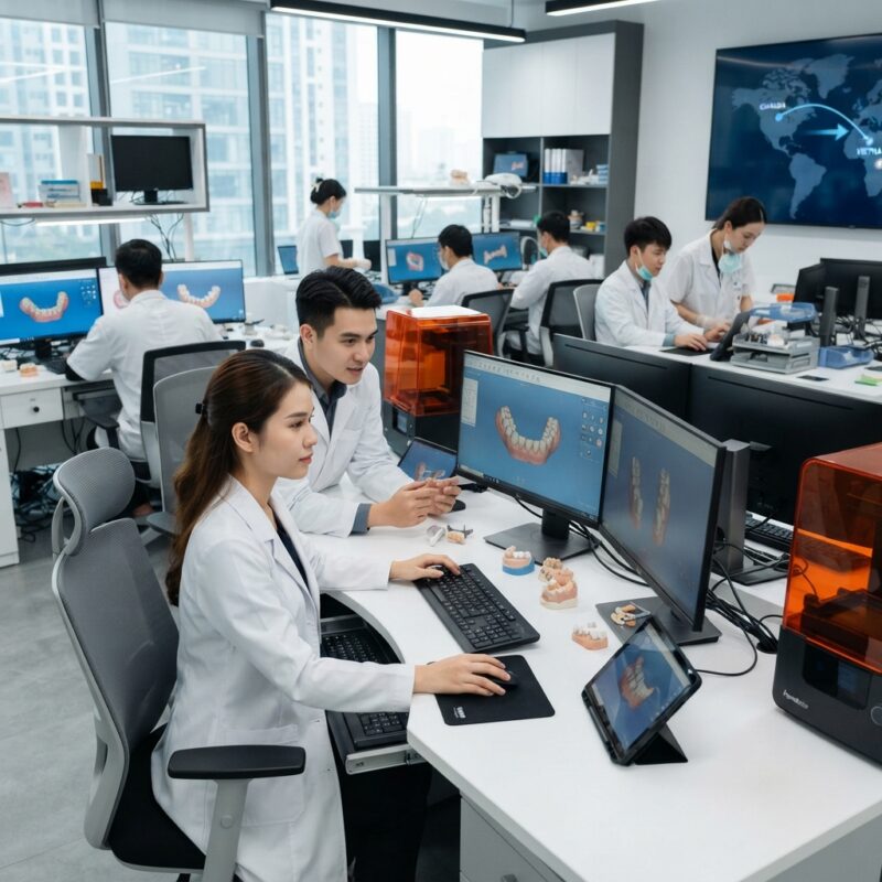 Dental technicians working on digital dental CAD designs in a modern lab - Why Dental Labs in Canada Are Outsourcing CAD Design to Vietnam in 2026