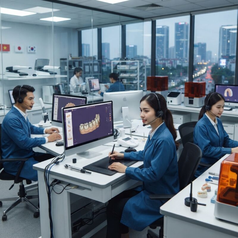 Dental technicians working on digital dental CAD designs in a modern lab - Why Dental Labs in Japan and South Korea Are Outsourcing CAD Design to Vietnam in 2026