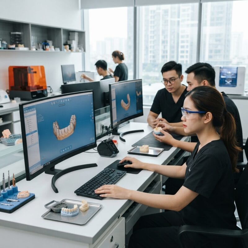 Dental technicians working on digital dental CAD designs in a modern lab - Top 3D dental lab outsourcing companies to consider in 2026