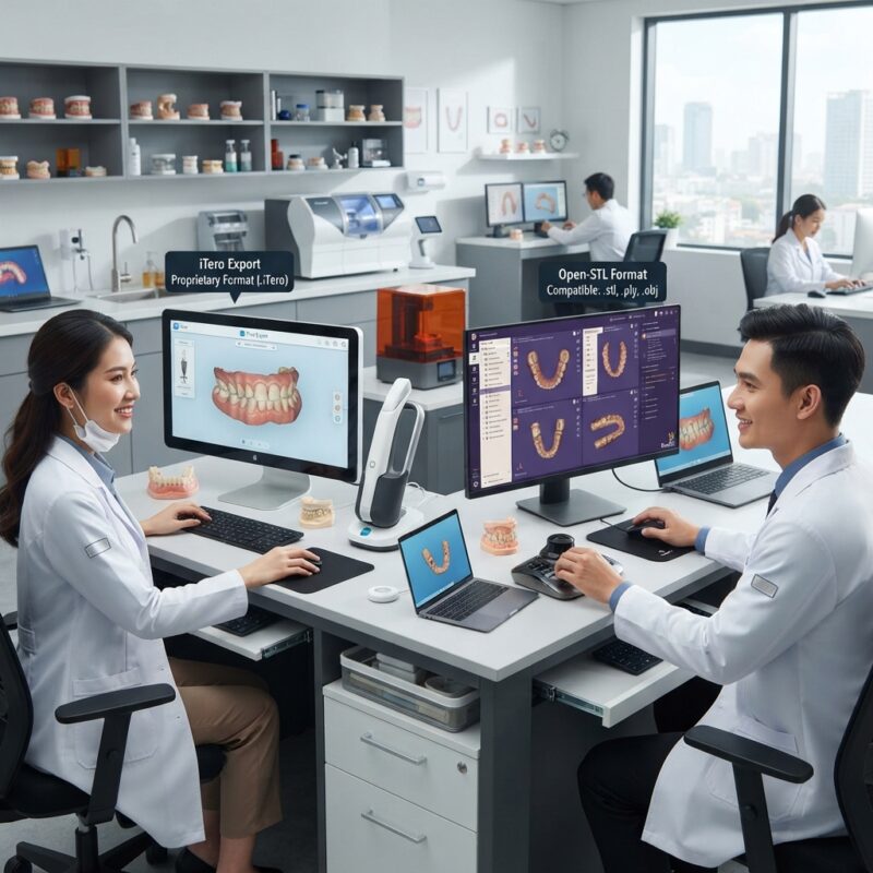 Dental technicians working on digital dental CAD designs in a modern lab - iTero scanner vs open-STL scanners: lab compatibility 2026