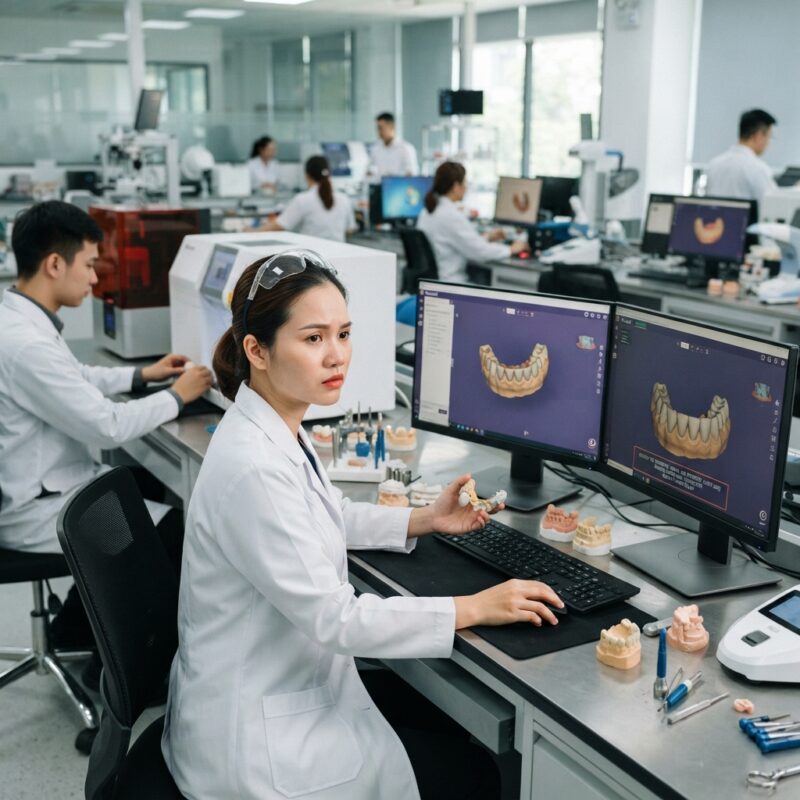 Dental technicians working on digital dental CAD designs in a modern lab - Hidden Risks of Outsourcing Dental Design to the Middle East in 2026