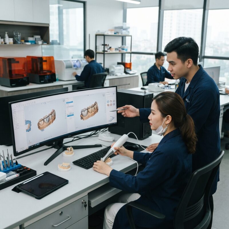 Dental technicians working on digital dental CAD designs in a modern lab - How to Send Medit and 3Shape Scans to a CAD Design Service 2026