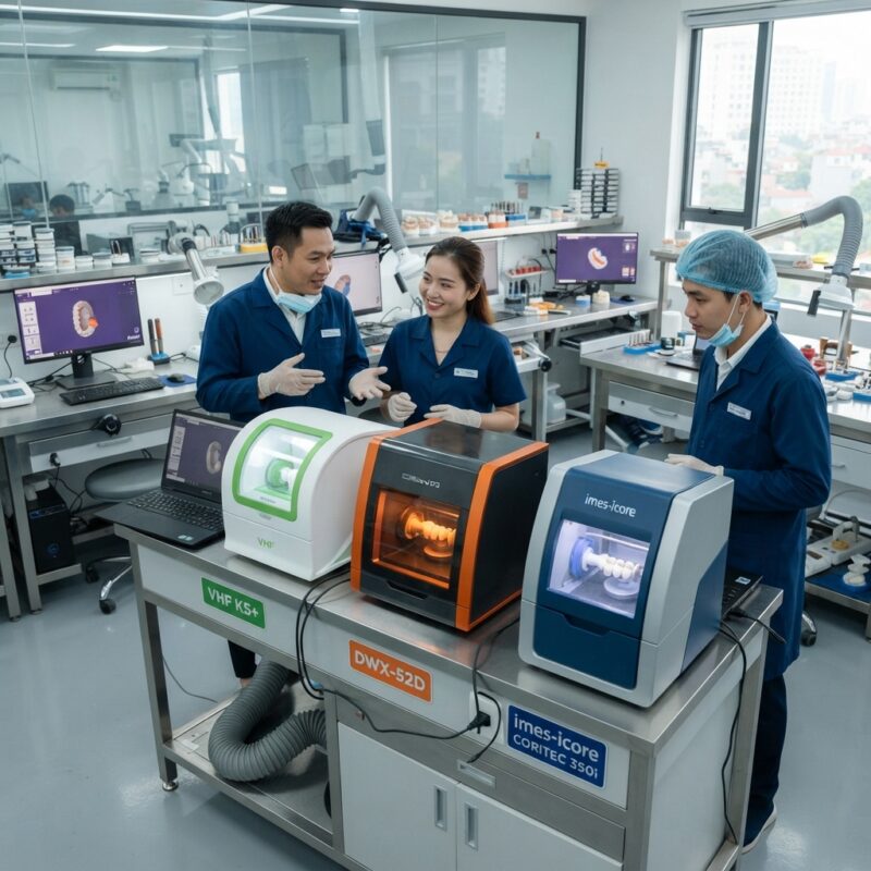 Dental technicians working on digital dental CAD designs in a modern lab - VHF vs Roland vs imes-icore dental milling machines 2026: Expert Comparison