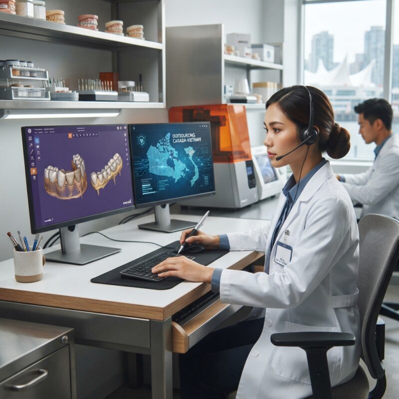 Dental technicians working on digital dental CAD designs in a modern lab - How to Reduce Dental Lab Costs in Canada in 2026: Smart CAD/CAM Outsourcing