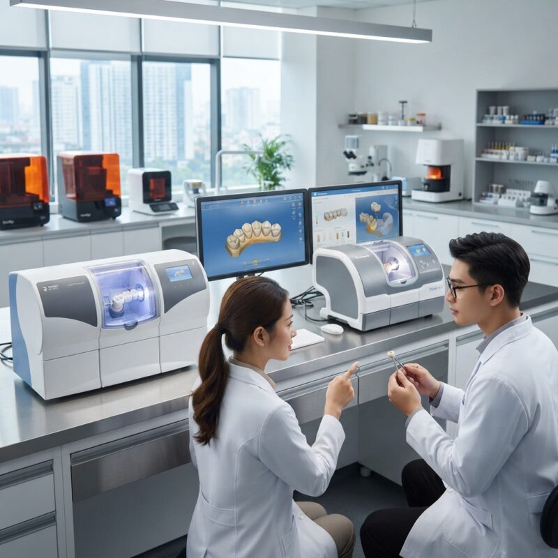 Dental technicians working on digital dental CAD designs in a modern lab - Dentsply Sirona CEREC vs Planmeca PlanMill chairside milling 2026: Full Comparison